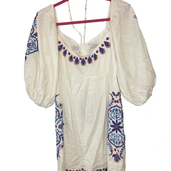 FARM Rio White Embroidered Puff Sleeve Mini Dress Boho Embellished Medium